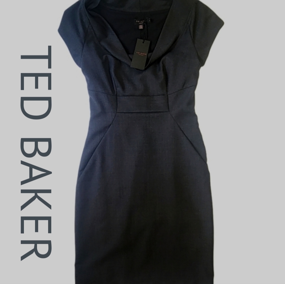 Ted Baker twisted neck dress, Nele Sheath dress dark grey / black, size 1